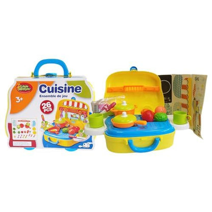 Family Games America kids kitchen play set with 26 pieces including pots cups and toy food in a portable suitcase