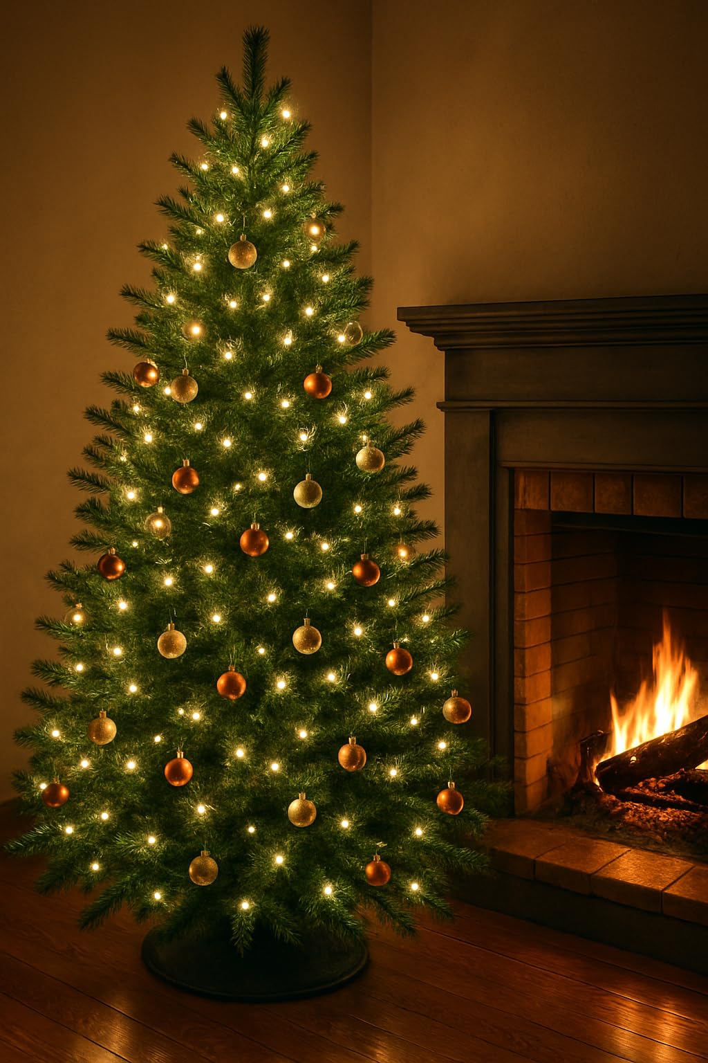 Decorated artificial Christmas tree with lights and ornaments to make fake Christmas tree smell real