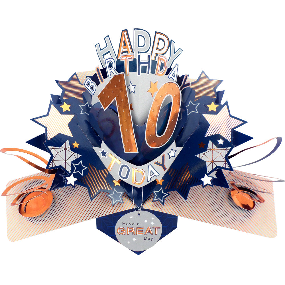 Love Kate's male birthday card age specific pop up design with metallic 10 and stars