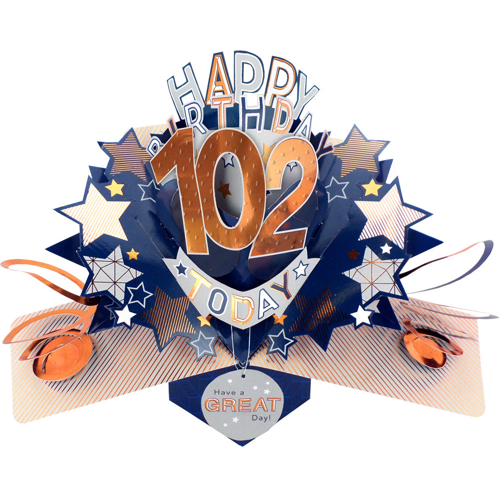 Love Kate's male birthday card age specific 102 pop up with stars and metallic blue and copper colors