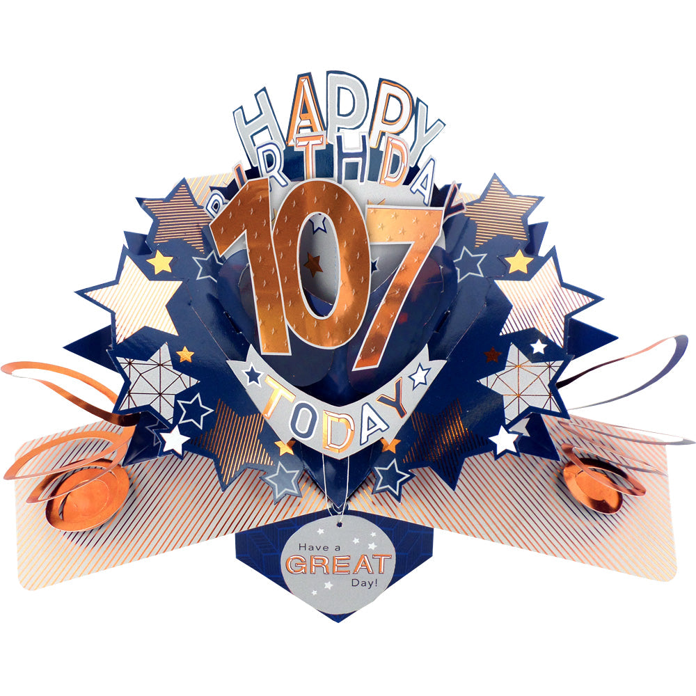 Love Kate's male birthday card age specific pop up with 107th birthday and star decorations