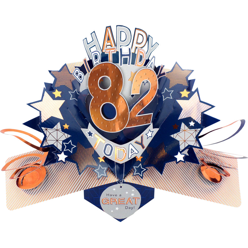 Love Kate's male birthday card age specific with 82 pop-up design and star decorations