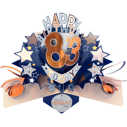 Love Kate's male birthday card age specific 83rd birthday pop up card with stars and metallic details