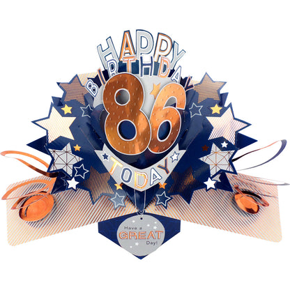Love Kates male birthday card age specific pop up with 86 today and star decorations in blue and copper
