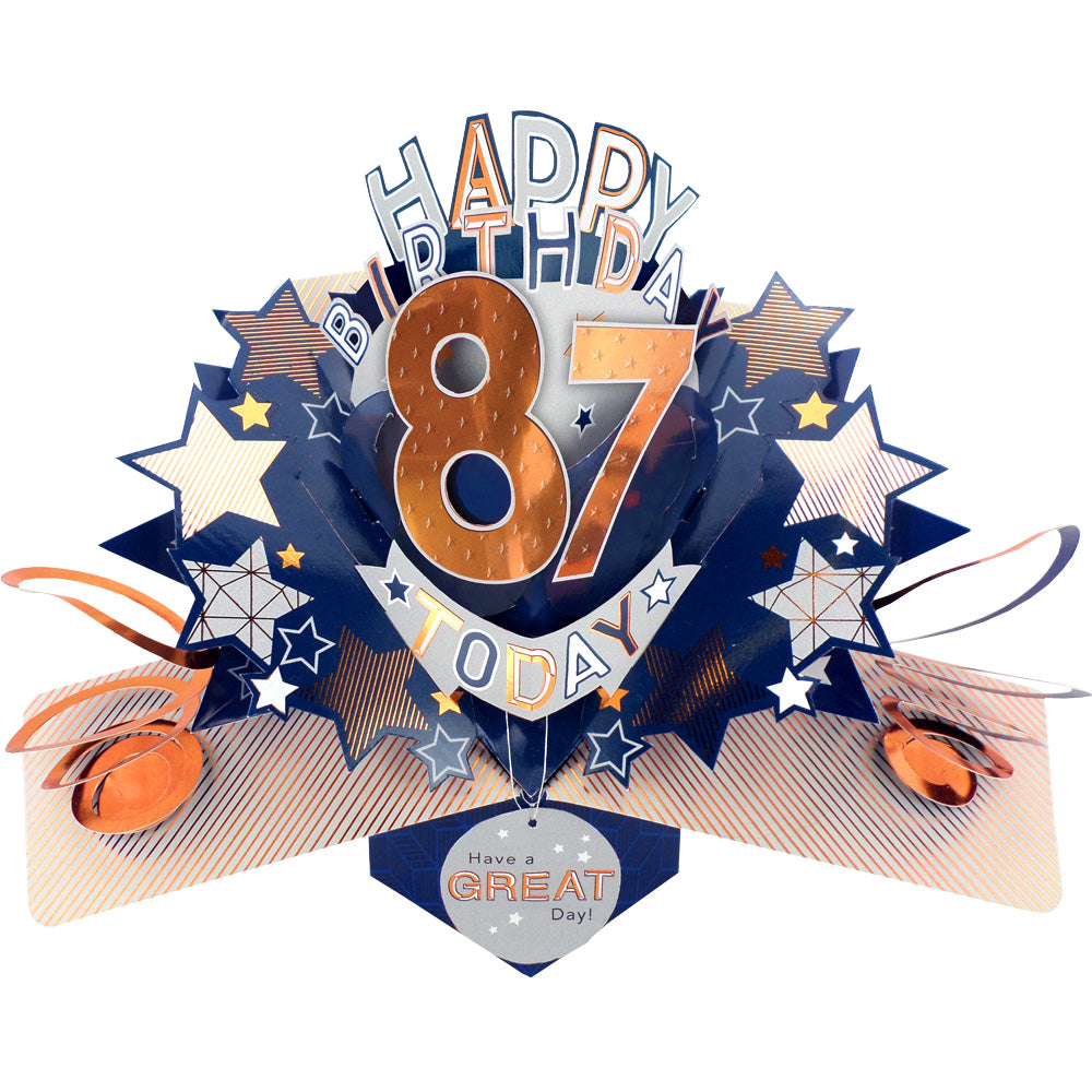 Love Kates male birthday card age specific pop up featuring 87 with stars and festive design