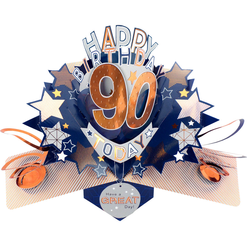 Love Kate's male birthday card age specific 90th birthday pop-up card with stars and metallic design