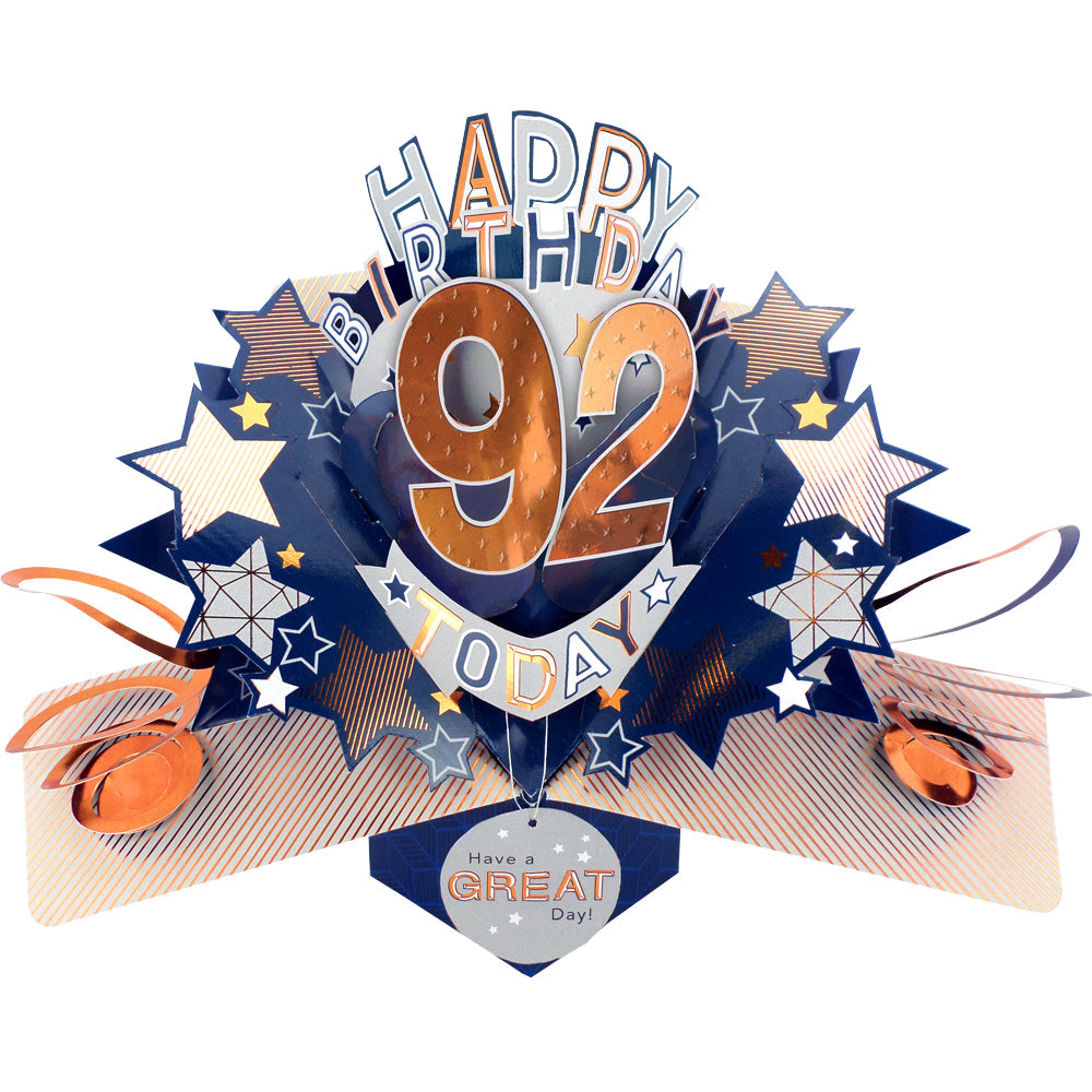 Love Kate's male birthday card age specific with 92 today pop-up design and star decorations