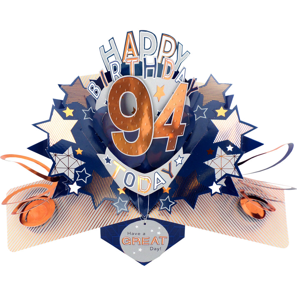 Male birthday card age specific pop-up design with number 94 and star decorations