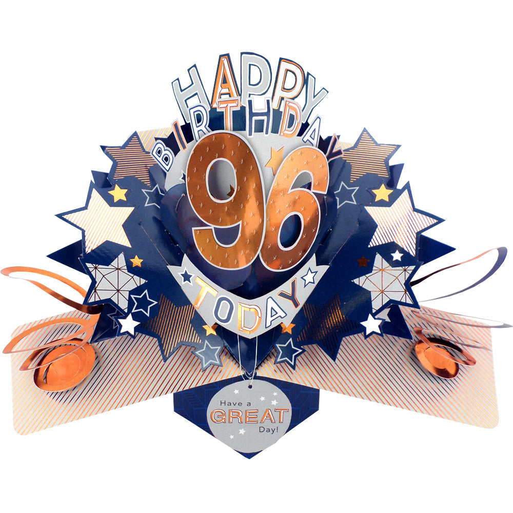 Love Kates male birthday card age specific 96th birthday pop up card with stars and metallic accents