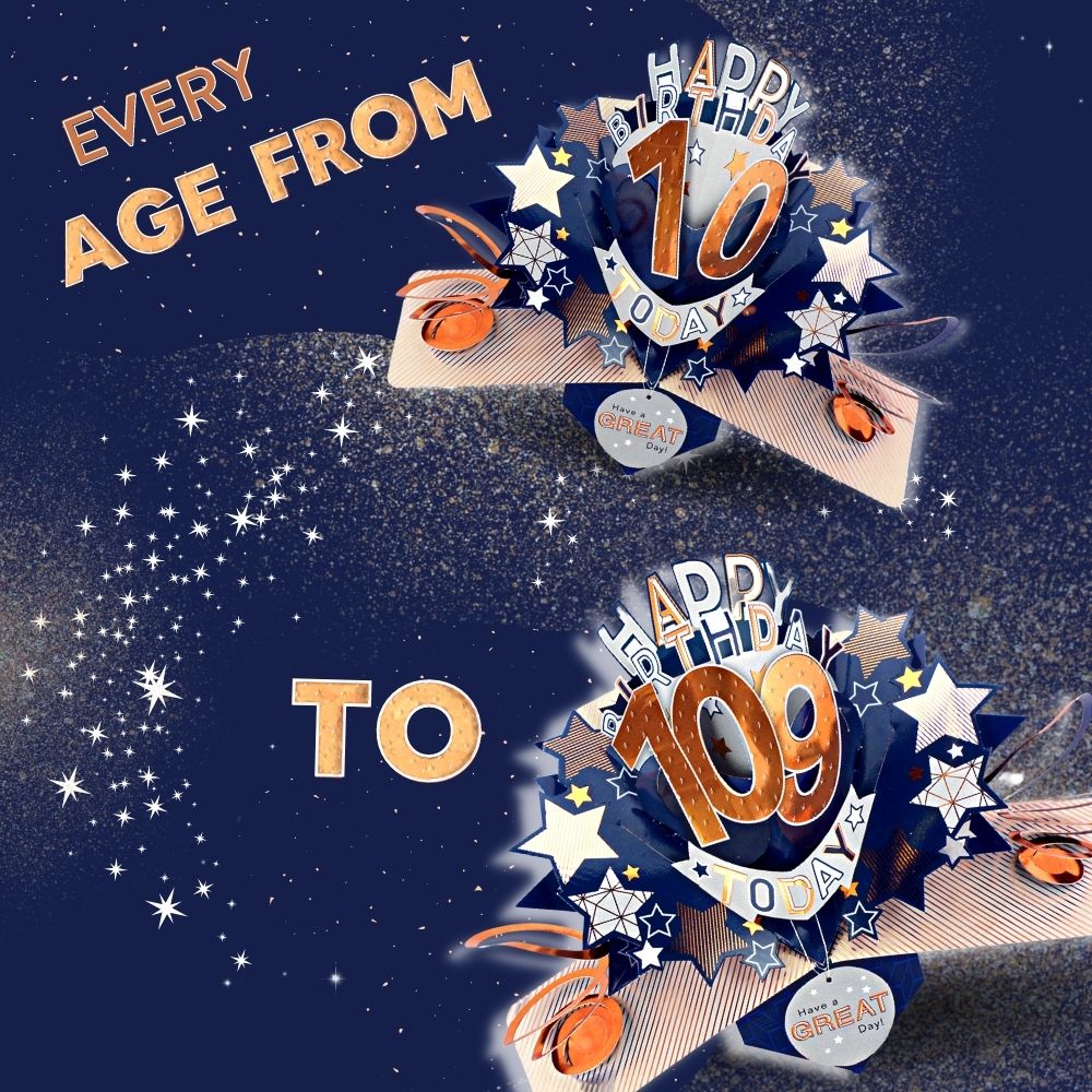 Love Kate's male birthday card age specific pop up design showing ages 10 and 109 with stars and festive elements