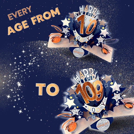 Love Kate's male birthday card age specific pop up design showing ages 10 and 109 with stars and festive elements