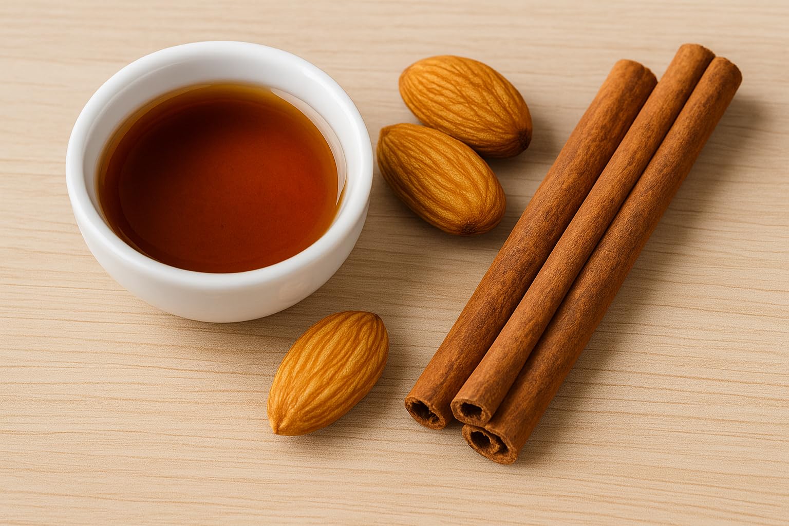Maple almond cinnamon home fragrance with cinnamon sticks and almonds in a bowl
