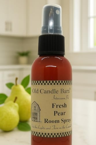 Old Candle Barn fresh pear room spray bottle on kitchen counter with pears in background