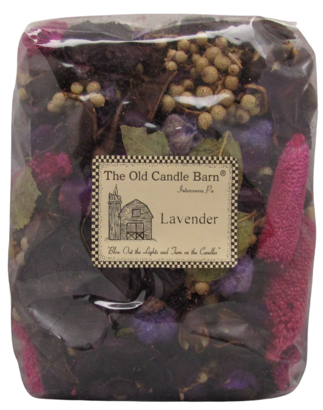 Old Candle Barn lavender potpourri for home in clear packaging with dried flowers and botanicals