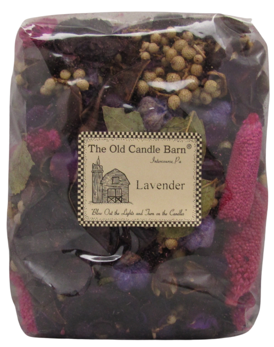 Old Candle Barn lavender potpourri for home in clear packaging with dried flowers and botanicals