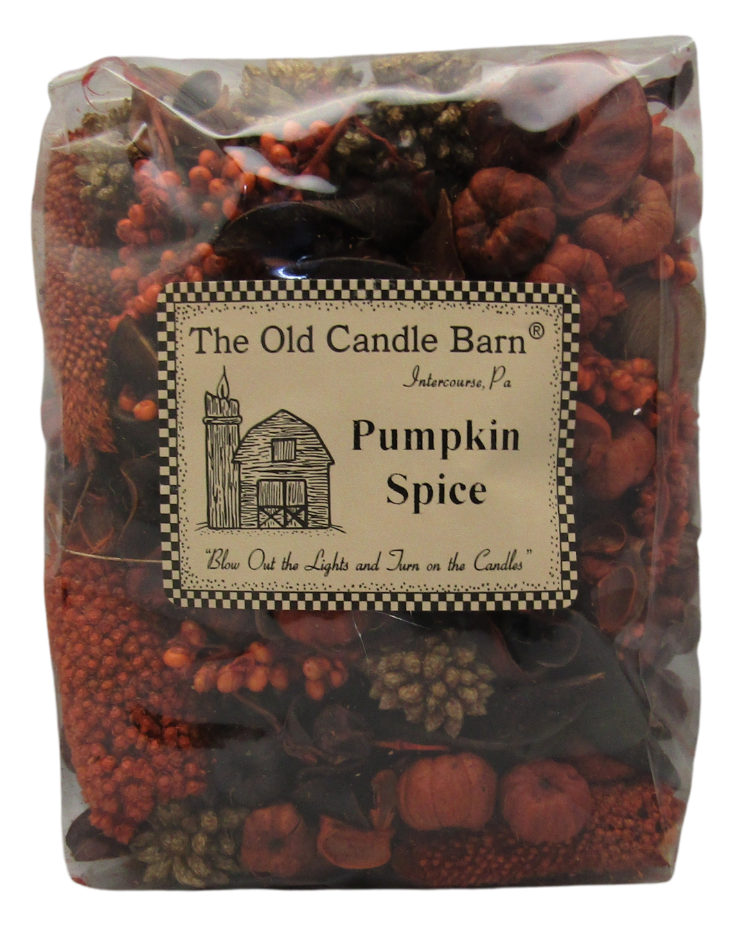 The Old Candle Barn pumpkin spice potpourri bag with autumn-themed dried botanicals