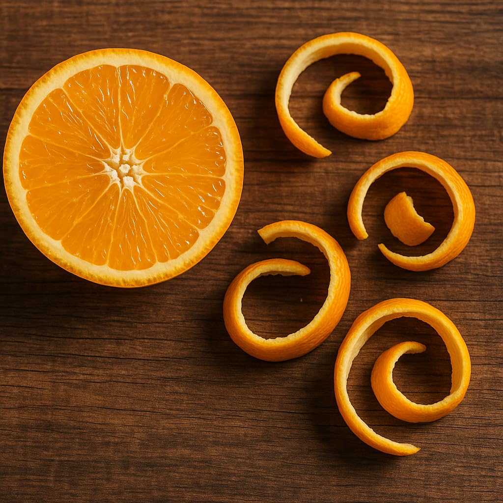 Fresh orange slices and spiral peels featuring orange peel potpourri refresher oil for natural fragrance