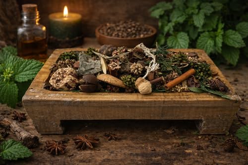 Natural wooden bowl with patchouli scented potpourri, herbs, and decorative elements for home fragrance