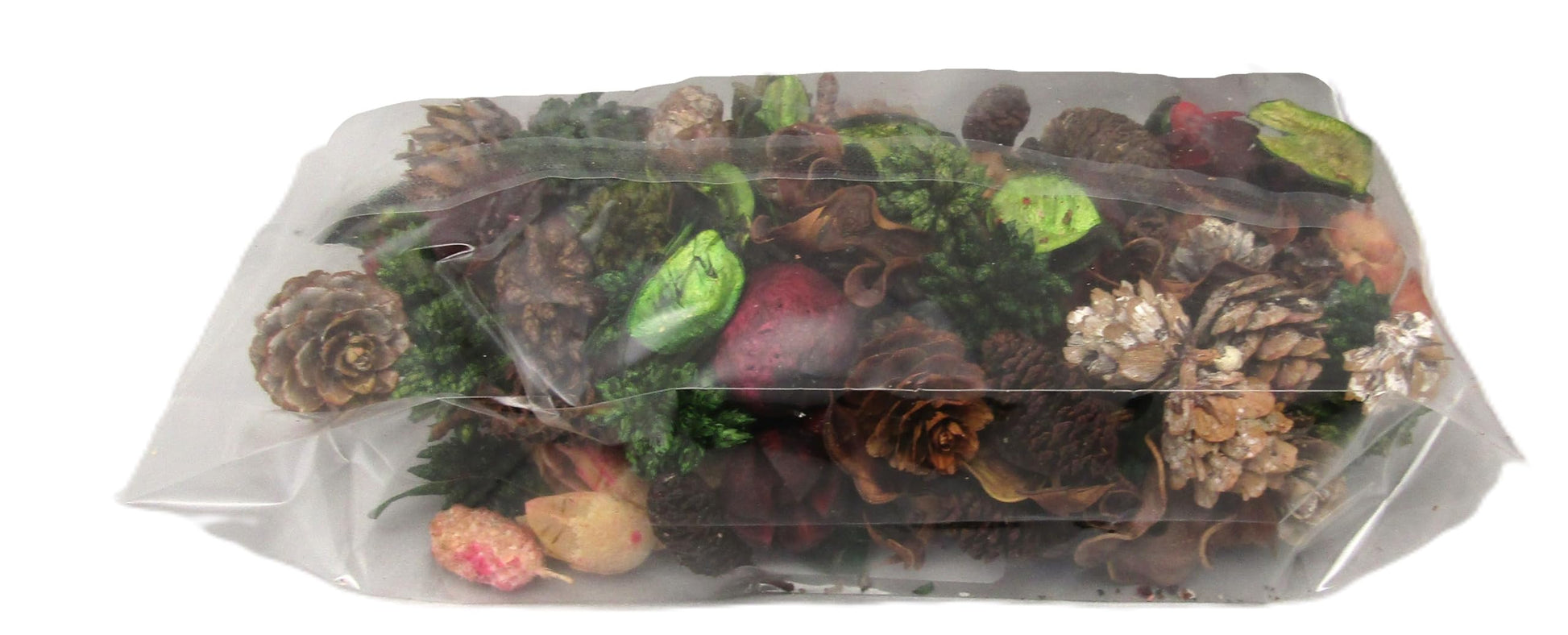 Peppermint candy cane potpourri in a clear bag featuring pine cones and festive foliage