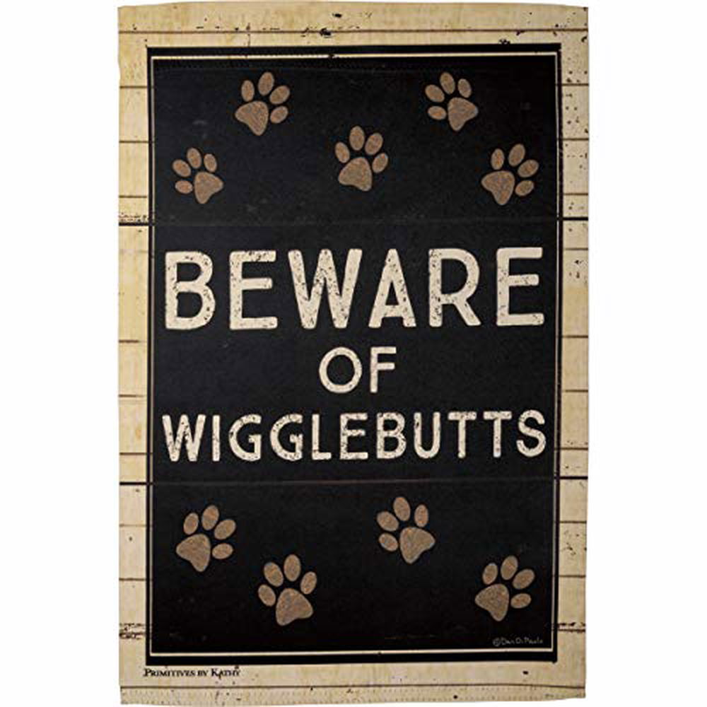 Primitives by Kathy pet themed garden decor Beware of Wigglebutts flag with paw prints