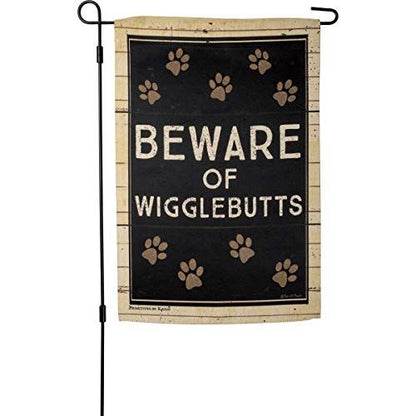 Primitives by Kathy pet themed garden decor flag with Beware of Wigglebutts text and paw prints