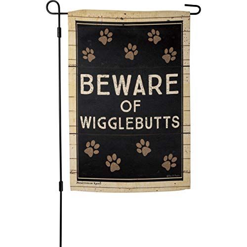 Primitives by Kathy pet themed garden decor flag with Beware of Wigglebutts text and paw prints