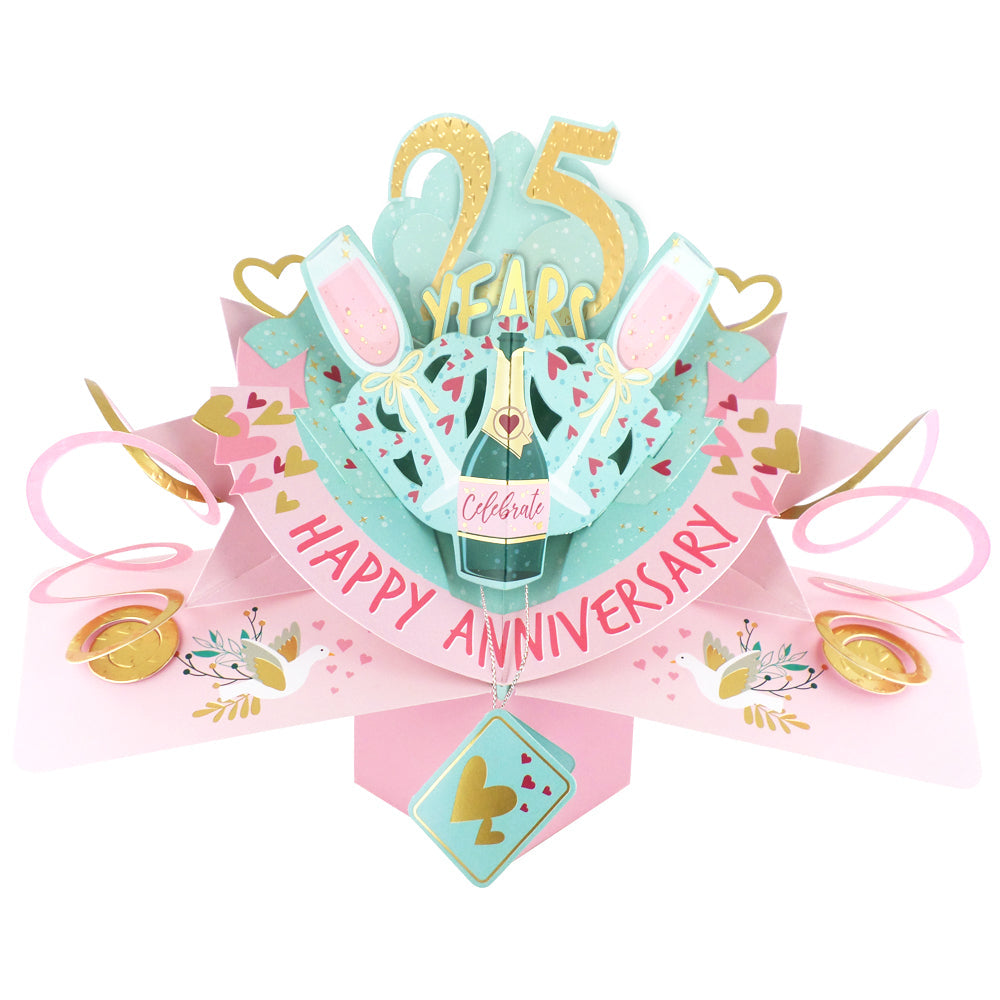 Colorful 25th anniversary pop up card featuring champagne glasses and festive decorations to celebrate love