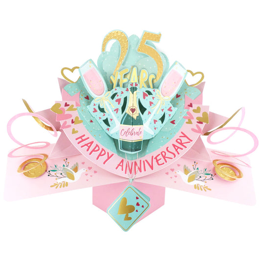 Colorful 25th anniversary pop up card featuring champagne glasses and festive decorations to celebrate love
