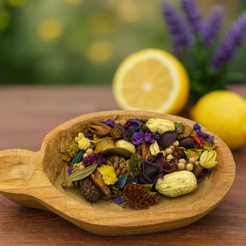 Shoots, Roots & Leather Boots potpourri blend in a wooden bowl with lemon and lavender flowers