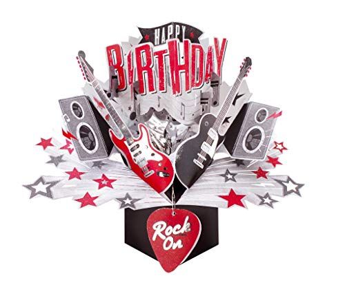 Second Nature Pop Ups rock guitar themed greeting card with red and black guitars and speakers