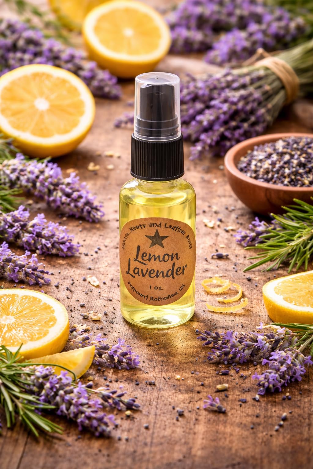 Shoots, Roots & Leather Boots Lemon Lavender Potpourri Refresher Oil in a clear bottle surrounded by lavender and lemon slices