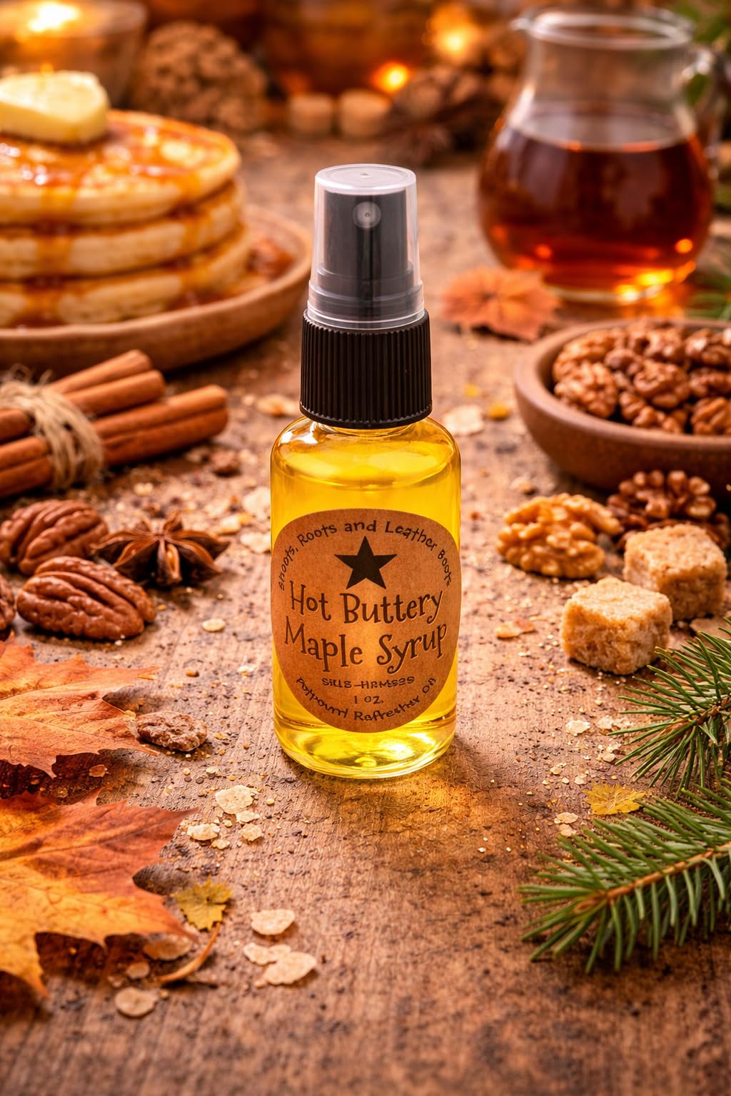 Shoots, Roots & Leather Boots Hot Buttery Maple Potpourri Refresher Oil in a spray bottle on a rustic table