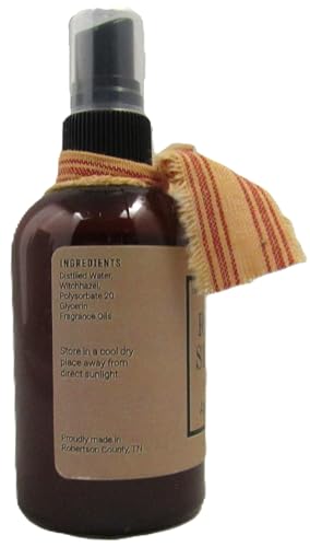 Baked Apple Pie Potpourri Room Spray brown plastic spray bottle with black pump beige label and striped ribbon