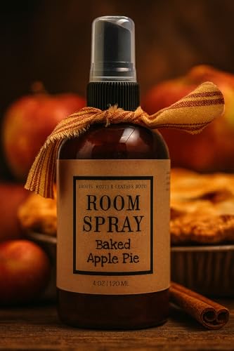 Baked Apple Pie Potpourri Room Spray amber bottle with ribbon label cinnamon and apple pie backdrop