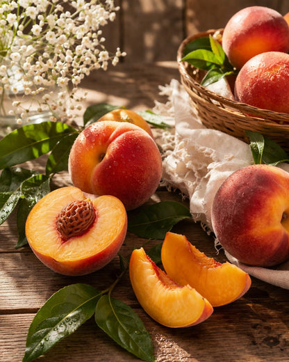Shoots, Roots & Leather Boots Peach Room Spray in a natural peach scent with fresh peach imagery
