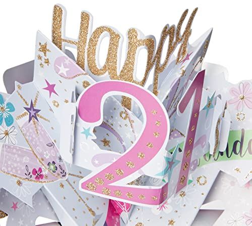 Second Nature Pop Ups 21st birthday pop up card with glittery pink and gold festive design