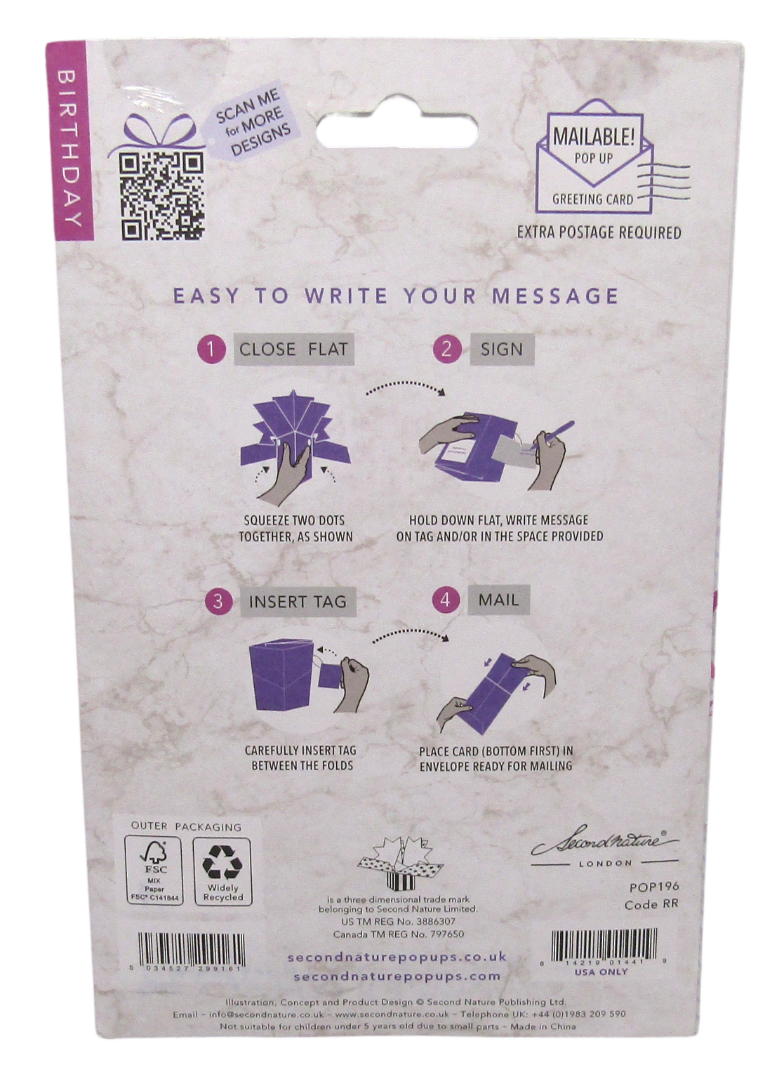 Second Nature Pop Ups 80th birthday greeting card packaging with folding and mailing instructions