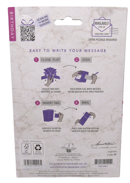 Second Nature Pop Ups 80th birthday greeting card packaging with folding and mailing instructions