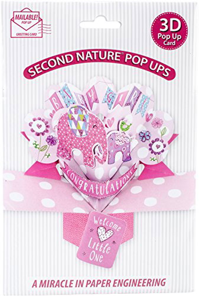 Second Nature Pop Ups baby girl pop up card with pink elephants and floral design for congratulations