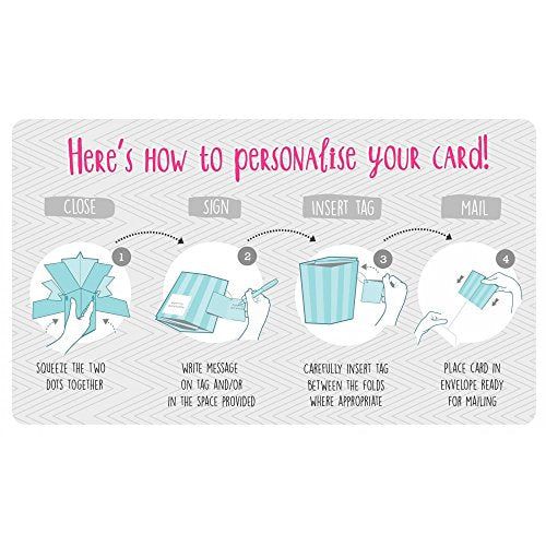 Instructions for personalizing a baby girl pop up card with steps to close, sign, insert tag, and mail