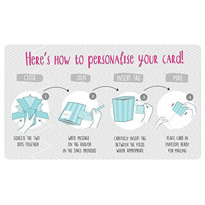 Instructions for personalizing a baby girl pop up card with steps to close, sign, insert tag, and mail