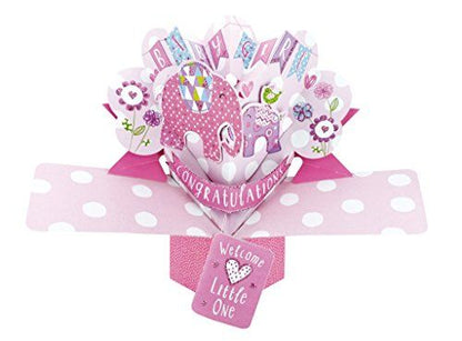 Second Nature Pop Ups baby girl pop up card with pink elephant flowers and congratulations banner