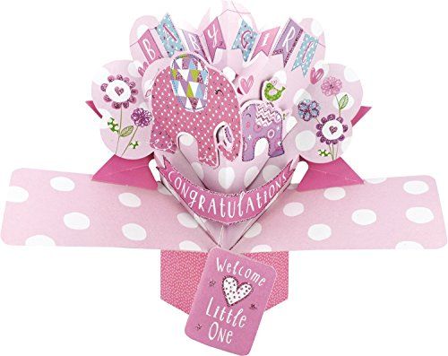 Second Nature Pop Ups baby girl pop up card with pink elephants and congratulations message