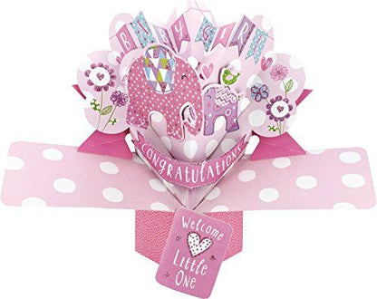 Second Nature Pop Ups baby girl pop up card with pink elephants and congratulations message