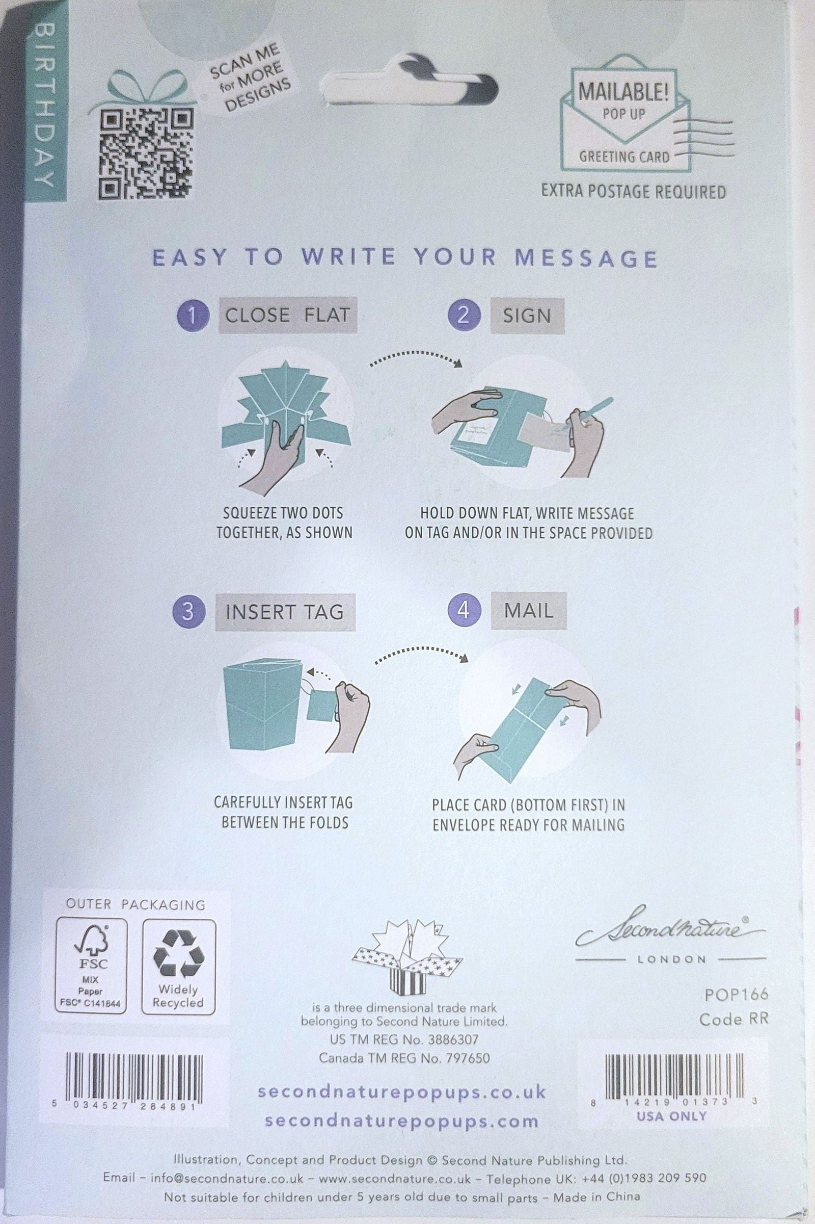 Back packaging of Second Nature Pop Ups 90th birthday pop up card with writing and mailing instructions
