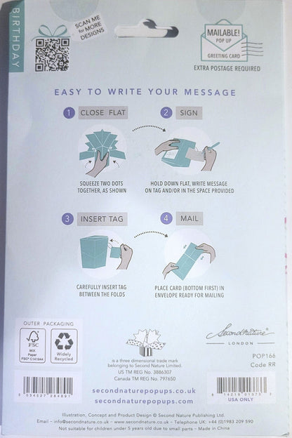 Back packaging of Second Nature Pop Ups 90th birthday pop up card with writing and mailing instructions