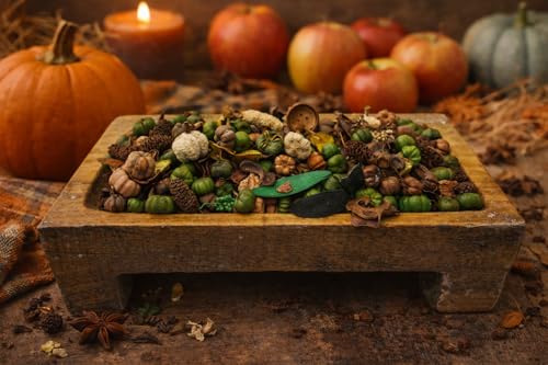 Shoots, Roots & Leather Boots apple pumpkin potpourri bag displayed on a rustic wooden stand with seasonal décor
