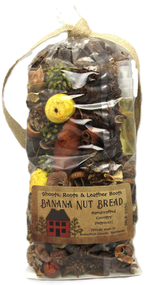 Shoots Roots and Leather Boots banana nut bread potpourri with dried fruits and scented spray in clear bag