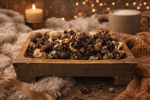 Shoots, Roots & Leather Boots caramel cashmere potpourri bag with natural scent in a rustic wooden tray