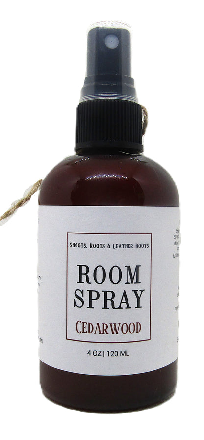 Shoots Roots and Leather Boots cedarwood room spray in 4 oz brown spray bottle for home fragrance